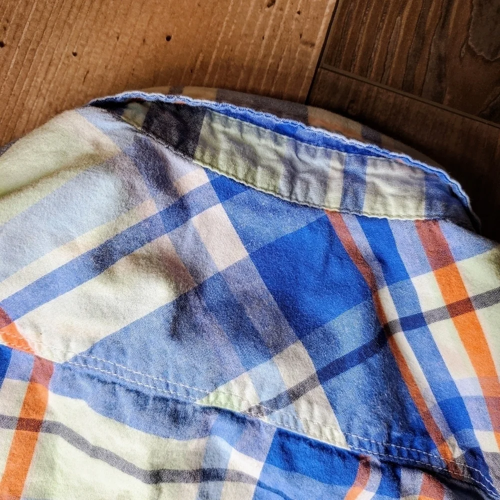 Old Navy Boys 12-18m Plaid Button Down Shirt Blue Orange EUC